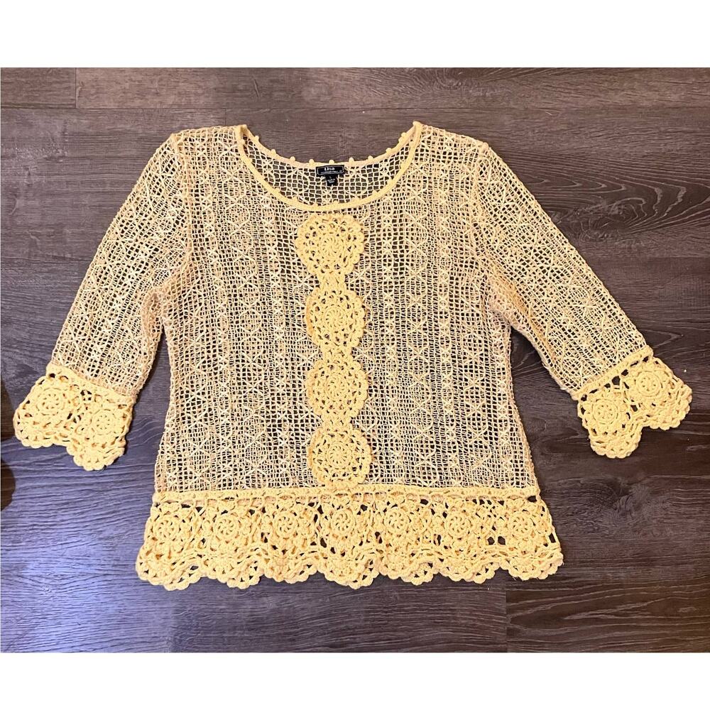 Lisa International Women's Canary Yellow 3/4 Sleeve Crochet Sweater | Size Large - Picture 9 of 9